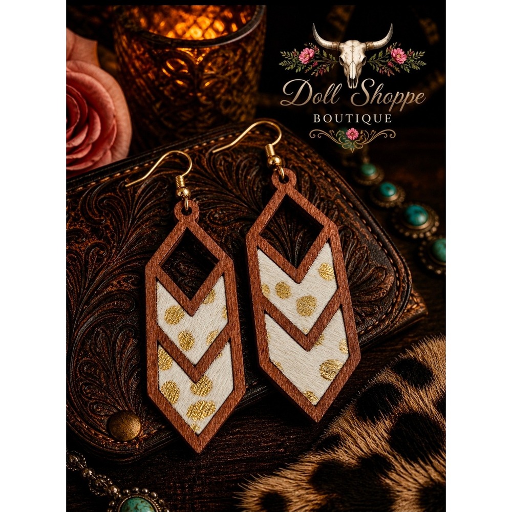 White & Gold Wood Faux Leather Earrings | Western Boho Dangle ✨